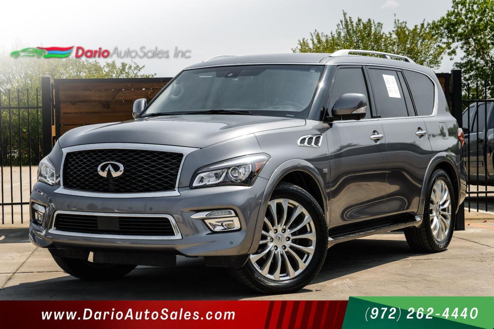 2016 Gray Infiniti QX80 4WD (JN8AZ2NE6G9) with an 5.6L V8 DOHC 32V engine, 7-Speed Automatic transmission, located at 2401 E Main St., Grand Prairie, TX, 75050, (972) 262-4440, 32.748981, -96.969643 - Photo#0