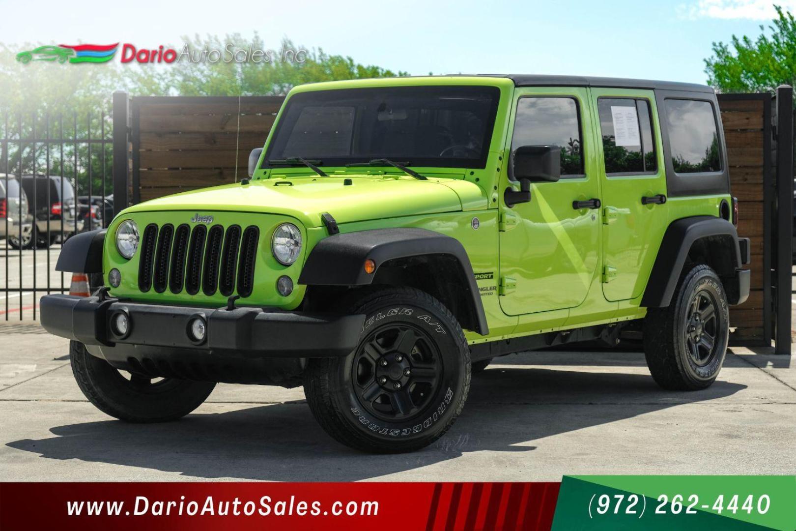 2017 green Jeep Wrangler Unlimited Sport 4WD (1C4BJWDG8HL) with an 3.6L V6 DOHC 24V FFV engine, located at 2401 E Main St., Grand Prairie, TX, 75050, (972) 262-4440, 32.748981, -96.969643 - Photo#0