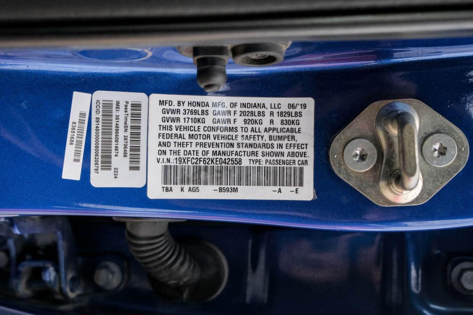 2019 BLUE Honda Civic LX Honda Sensing Sedan CVT (19XFC2F62KE) with an 2.0L L4 DOHC 16V engine, Continuously Variable Transmission transmission, located at 2401 E Main St., Grand Prairie, TX, 75050, (972) 262-4440, 32.748981, -96.969643 - Photo#48