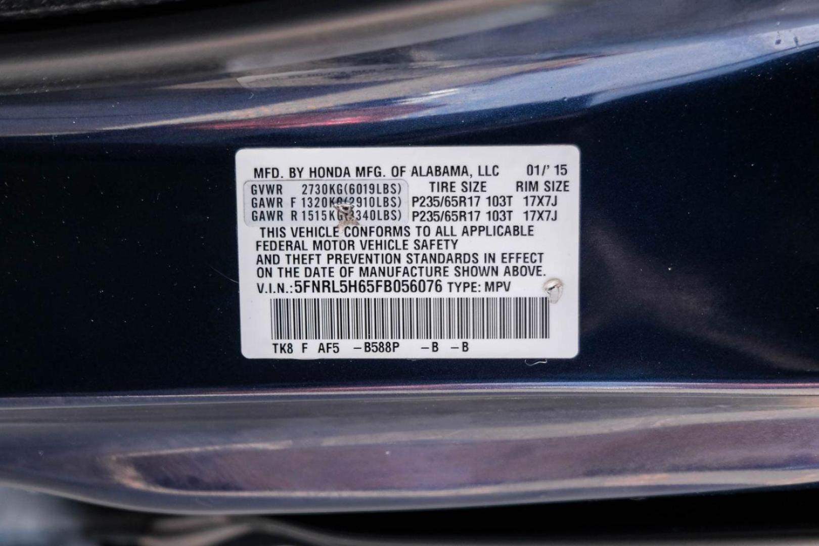 2015 BLUE Honda Odyssey EX-L (5FNRL5H65FB) with an 3.5L V6 SOHC 24V engine, 6-Speed Automatic transmission, located at 2401 E Main St., Grand Prairie, TX, 75050, (972) 262-4440, 32.748981, -96.969643 - Photo#52