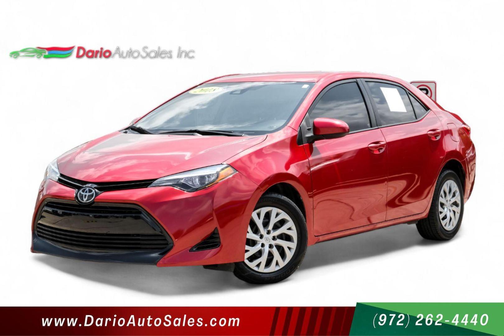 2018 red Toyota Corolla LE CVT (5YFBURHE8JP) with an 1.8L L4 DOHC 16V engine, Continuously Variable Transmission transmission, located at 2401 E Main St., Grand Prairie, TX, 75050, (972) 262-4440, 32.748981, -96.969643 - Photo#0