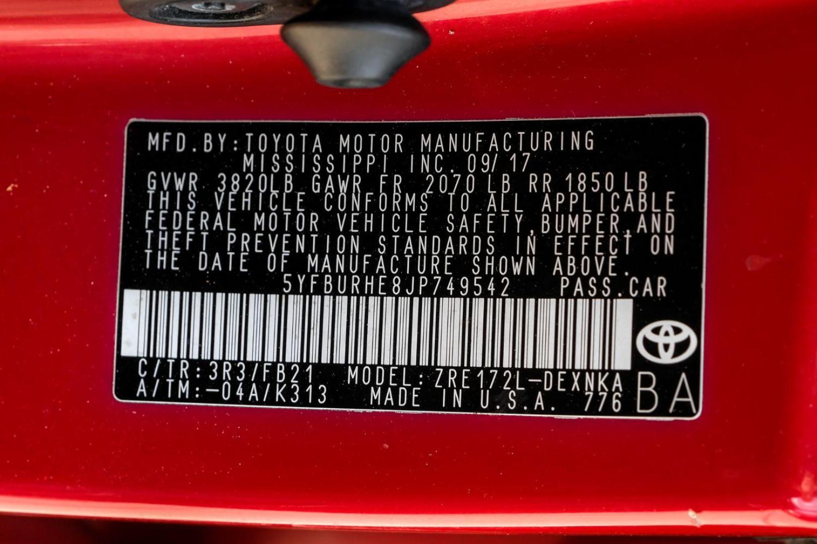 2018 red Toyota Corolla LE CVT (5YFBURHE8JP) with an 1.8L L4 DOHC 16V engine, Continuously Variable Transmission transmission, located at 2401 E Main St., Grand Prairie, TX, 75050, (972) 262-4440, 32.748981, -96.969643 - Photo#50